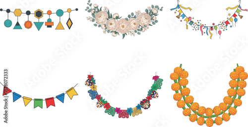 Collection of festive garlands and decorative buntings isolated on transparent background, perfect for celebrations and events