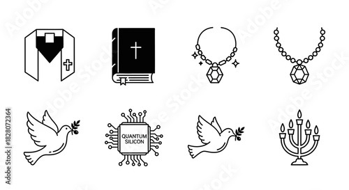 Line art christian symbols: bible, cross, dove, necklace, and microchip designs