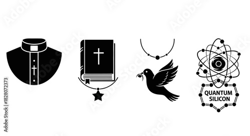 Religious and scientific symbols: clerical collar, bible, dove, and quantum design