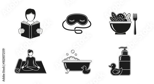Daily relaxation icons: reading, bath, meditation, skincare, healthy eating