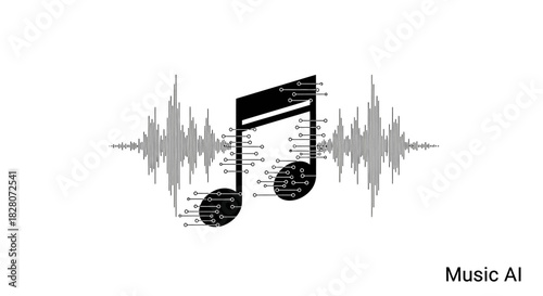 Futuristic music technology with digital sound waves and electronic notes