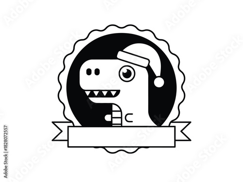 Cartoon dinosaur wearing santa hat in black and white circle with ribbon banner