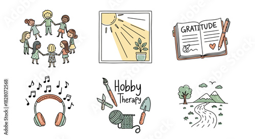 Hand-drawn wellness and mindfulness icons: family, nature, music, and hobbies