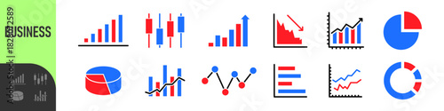 Business data charts. Diagrams and graphs. Business data market elements, statistic and data, infographics business, money, down or up, analytic report. Set of financial marketing colorful diagrams