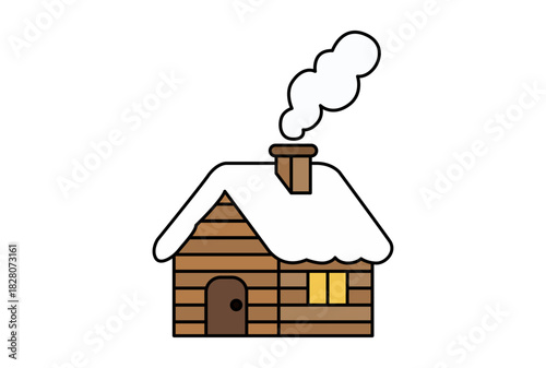 Cabaña de madera con nieve y humo chimenea 