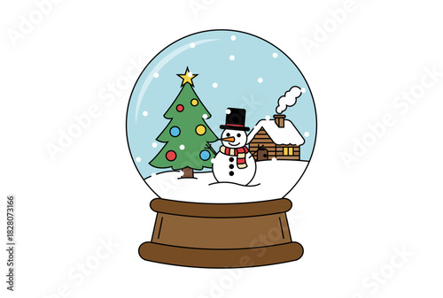 Bola de nieve navideña con muñeco de nieve y árbol de navidad