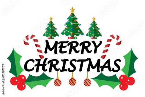 Feliz navidad texto con muérdago bastones y árboles