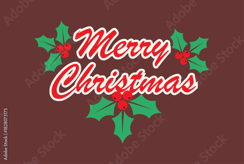 Feliz navidad roja con hojas de muérdago