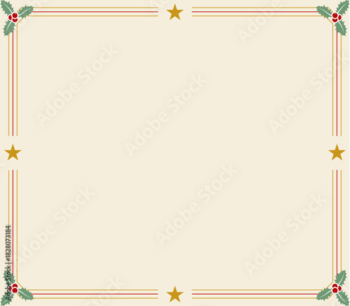 Marco navideño vintage con acebo y estrellas sobre fondo crema
