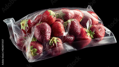 A bag of strawberries is shown on a black background