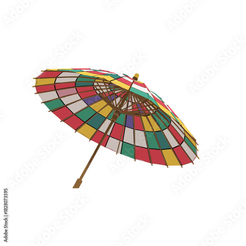 Colorful paper umbrella with geometric patterns on white background  