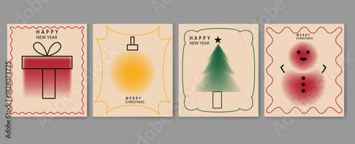 Minimalist holiday card set with a gift box, abstract light, christmas tree, and snowman designs, all framed by decorative dashed borders