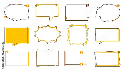 Collection of twelve diverse, cartoon-style quotation frames with unique shapes and playful lines, some with yellow shading