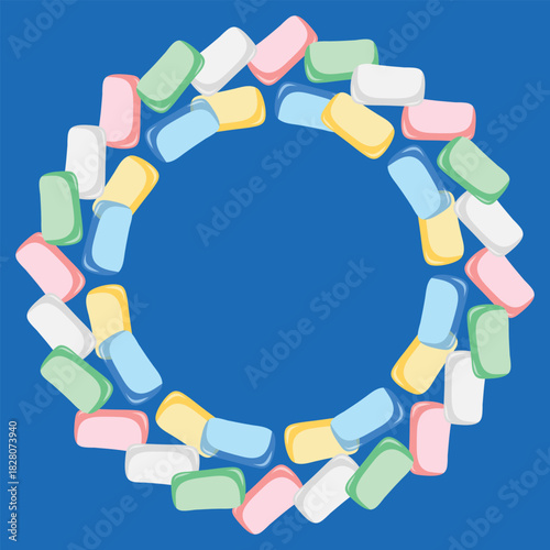 Chewing gum wreath, candy ring. Gum wreath illustration, colorful circle. Candy ring, chewing gum garland