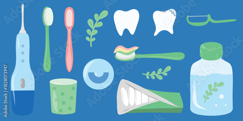 Dental set icons, brush paste floss cup. Oral hygiene icon set, dental essentials. Toothcare kit illustration, toothbrush and tools