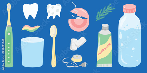 Dental health set, full oral care collection. Toothcare essentials, toothbrush paste floss rinse. Dental hygiene kit illustration, family set