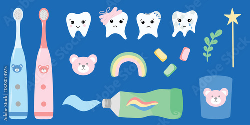 Kids dental set, child toothbrush and paste. Children toothcare kit, playful dental icons. Pediatric dental set, fun oral hygiene tools