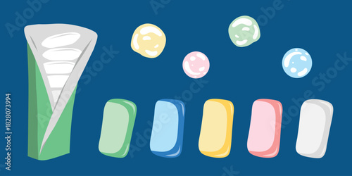 Chewing gum set, colorful strips. Gum variety illustration, candy strip set. Chewing gum assortment, pastel pieces