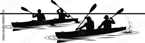 Silhouette of people kayaking on the water with paddles in black and white