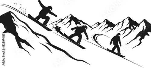 Silhouette of snowboarders carving down a mountain slope in winter
