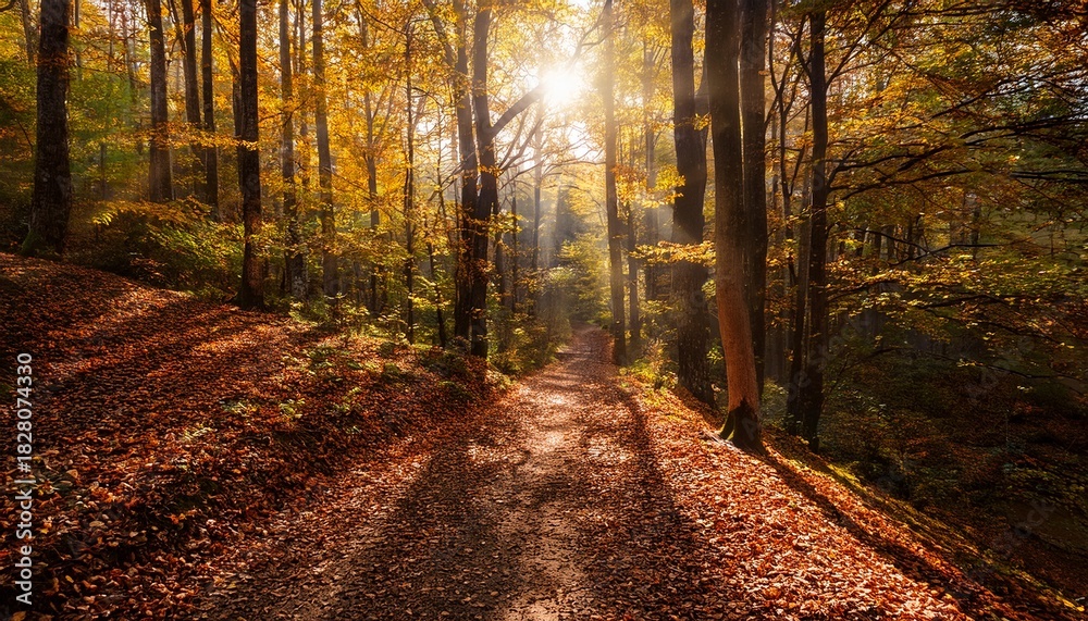 Fototapeta premium Peaceful Forest Trail In Autumn With Radiant Light And Falling Leaves