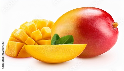 Raw Whole Mango And Slice Cut Isolated On Transparent Background