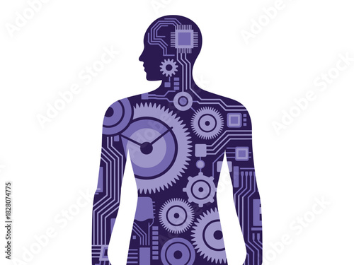 Human silhouette filled with intricate gears and circuit board patterns.