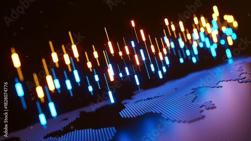 Seamless loop 3D animation of glowing blue and gold candlestick bars above a world map surface, representing global markets, forex trading, fintech data, and financial analytics.
