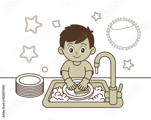 A young boy is washing dishes in a sink with bubbles and a faucet.