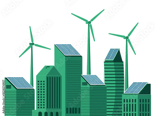 Modern city skyline integrates wind turbines and solar panels for clean energy.
