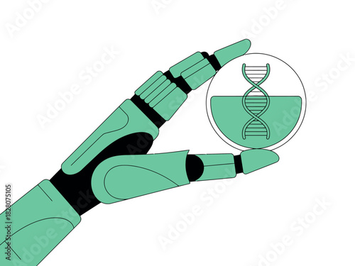 A robotic hand holds a petri dish containing a DNA helix.