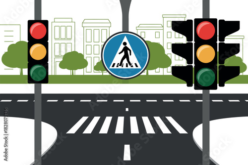 A city street scene with traffic lights, a pedestrian crossing, and buildings in the background.