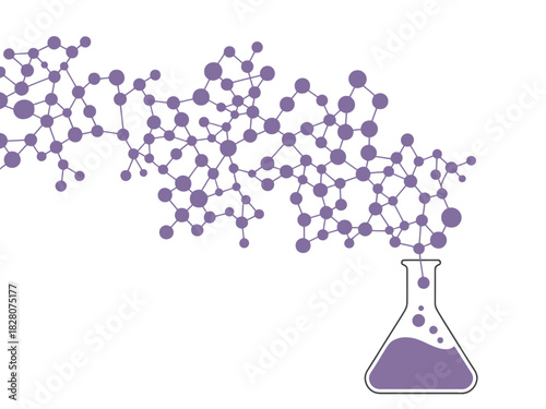 Molecular structure emerging from a laboratory flask symbolizes scientific discovery and chemical reactions.