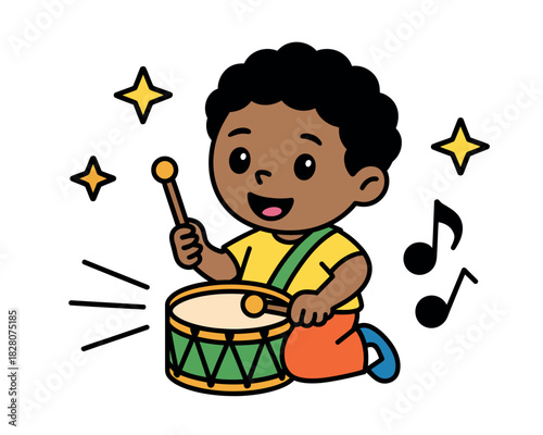A young child joyfully plays a drum, surrounded by musical notes and sparkling stars.