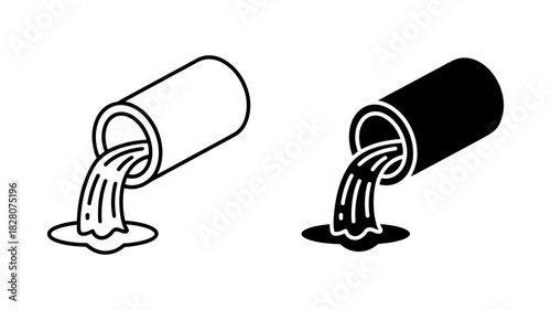 Stylized vector illustration of a pipe or tube pouring a stream of liquid, depicting concepts of spill, flow, waste, drainage, pollution, and release.