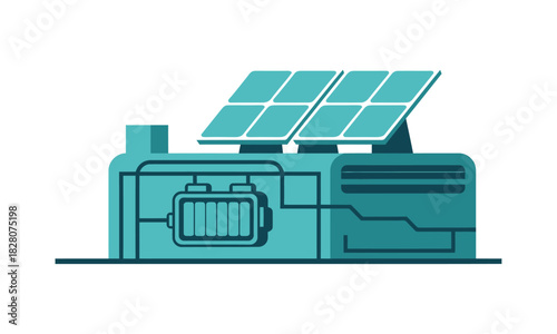 A modern solar power station with battery storage technology is depicted.