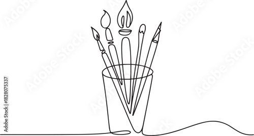 Continuous one line drawing of Painting tools in a cup. Single line drawing illustration of Painting tools. World art day concept vector art. one line Icon drawing