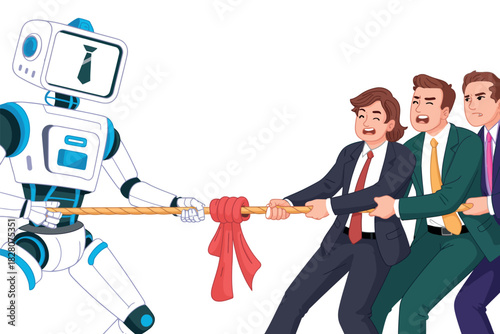 A robot and a team of businesspeople are engaged in a tug-of-war.