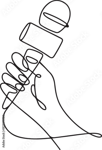 Continuous one line drawing of Hand holding microphone. Single line drawing illustration of for Microphone interview. one line Icon drawing