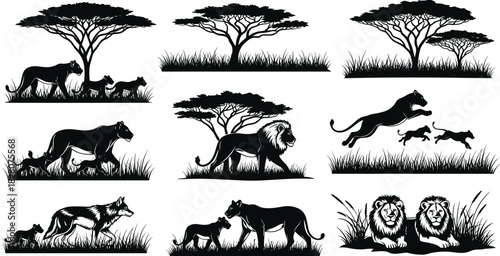 African savanna wildlife silhouette pattern with lion, cheetah, acacia tree, grassland scene, vector illustration, safari animal artwork design