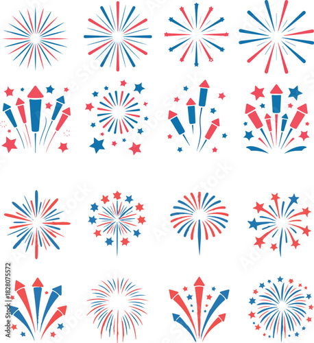 Collection of red and blue firework icons isolated on white background