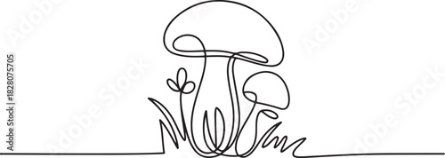 Continuous one line drawing of Mushroom. Single line drawing illustration of Mushroom growing on field. Mushroom in nature concept vector art. one line Icon drawing