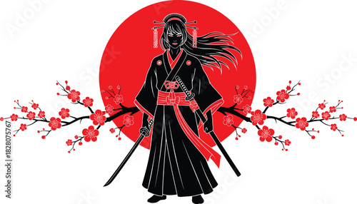 Angry Female Samurai Warrior with Katanas Standing Against Red Sun and Sakura Branches, Traditional Japanese Art Style, Fierce Geisha Assassin Vector Illustration