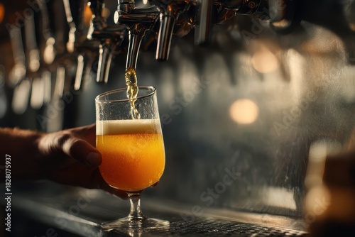 Brewer pours golden craft beer into a glass at a trendy bar during a lively evening