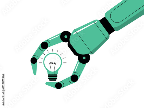 A robotic hand holds a glowing light bulb, symbolizing innovation and technology.