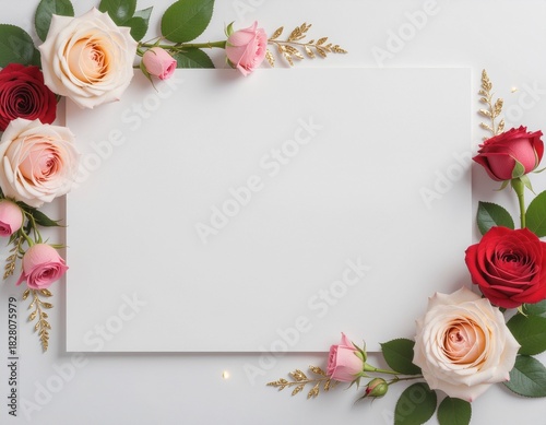 薔薇で囲まれた白背景のフレーム(コピースペースあり・4Kリアリスティック・季節の)
Rose Frame with White Center Background (Copy Space・4K Realistic・Seasonal)