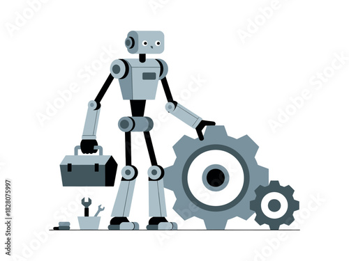 A robot with a toolbox stands next to a large gear, representing technology and mechanics.