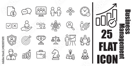 Business Management Outline Icons Set – Leadership, Strategy, Teamwork and Analytics, Black and White Line Vector Pack