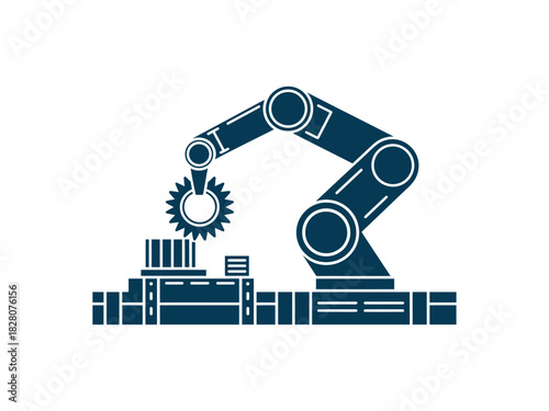 A robotic arm is assembling a gear onto a production line within a factory.