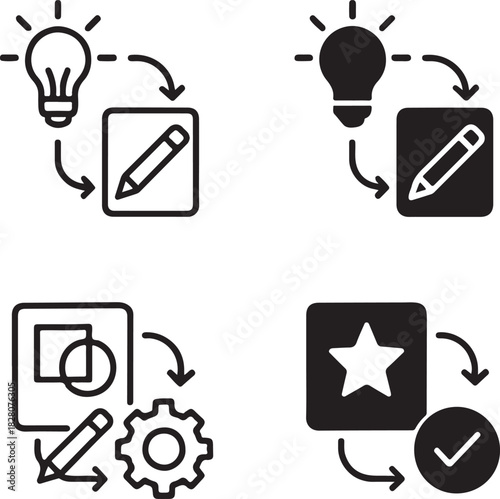 Creative workflow icon, design process steps, creative project tracker, artistic workflow monitoring, design task flow, creative process steps tracker, isolated black vector, minimal thin stroke